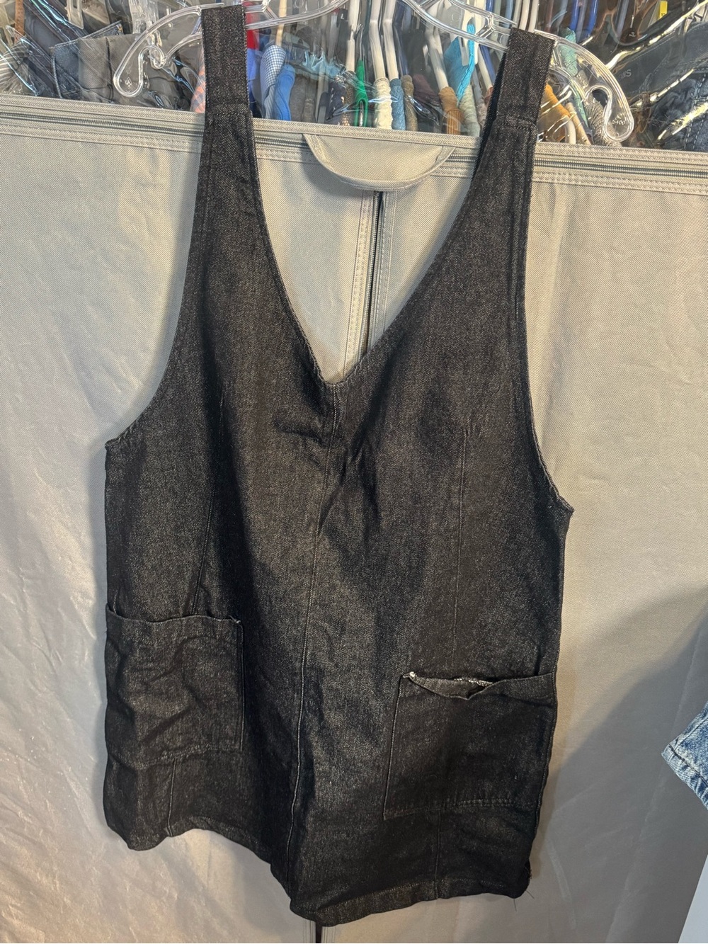 Dark Wash Denim Tank Top Dress with Ring Strap Detail and front pockets- Size Lg - Picture 2 of 6